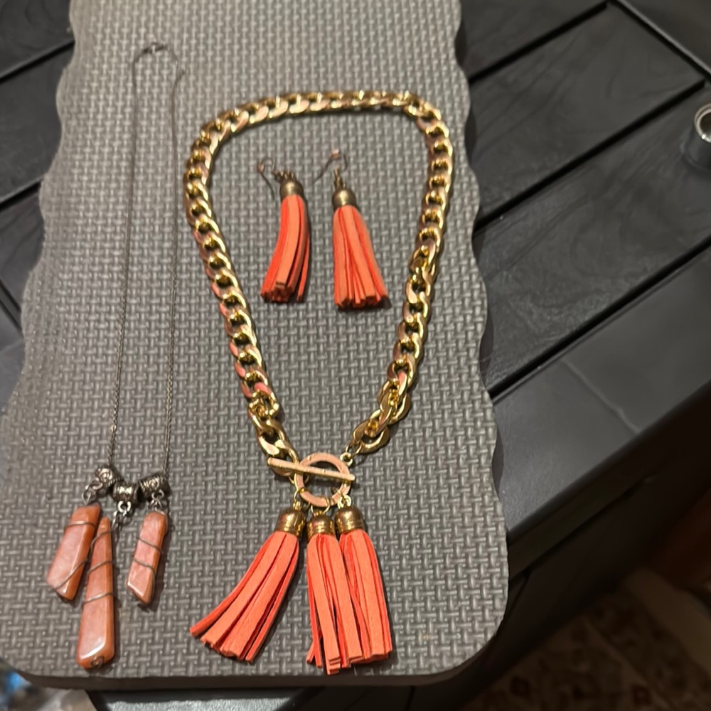 Gold Tone and Orange Tassel Jewelry Set